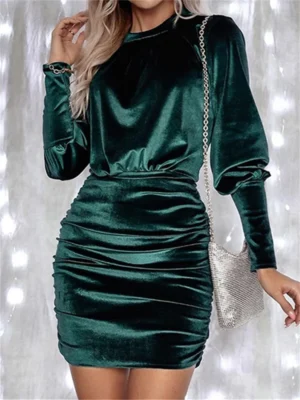 Women's Fall Velvet Dress Solid Color Round